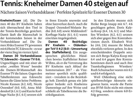 Damen 40: Kneheim - Oldenburg II 4:2 (MT 16.08.2018)